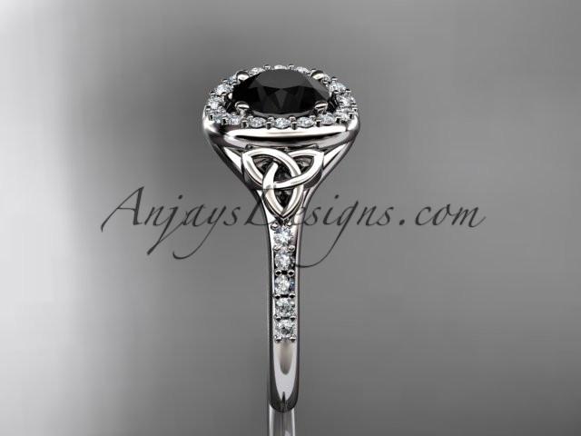 14kt white gold diamond celtic trinity knot wedding ring, engagement ring with a Black Diamond center stone CT7201 - AnjaysDesigns