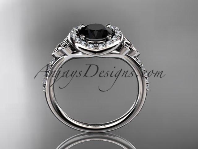 14kt white gold diamond celtic trinity knot wedding ring, engagement ring with a Black Diamond center stone CT7201 - AnjaysDesigns