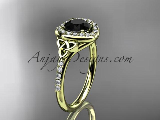 14kt yellow gold diamond celtic trinity knot wedding ring, engagement ring with a Black Diamond center stone CT7201 - AnjaysDesigns