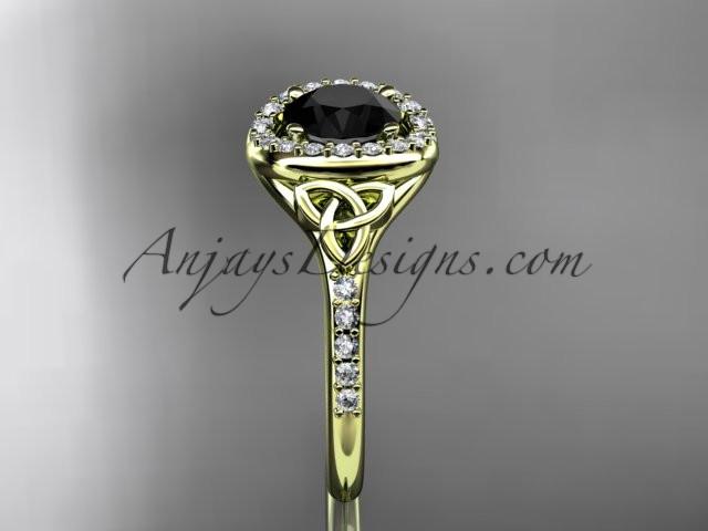 14kt yellow gold diamond celtic trinity knot wedding ring, engagement ring with a Black Diamond center stone CT7201 - AnjaysDesigns