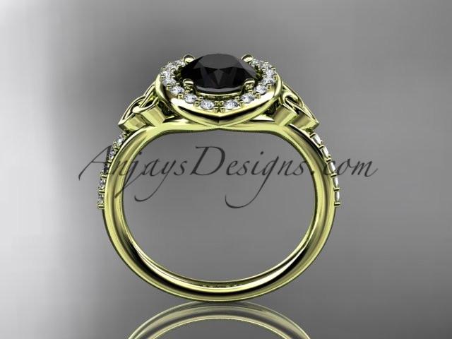 14kt yellow gold diamond celtic trinity knot wedding ring, engagement ring with a Black Diamond center stone CT7201 - AnjaysDesigns