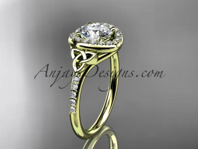 14kt yellow gold diamond celtic trinity knot wedding ring, engagement ring with a "Forever One" Moissanite center stone CT7201 - AnjaysDesigns