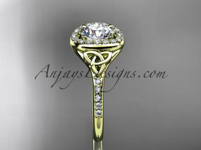 14kt yellow gold diamond celtic trinity knot wedding ring, engagement ring with a "Forever One" Moissanite center stone CT7201 - AnjaysDesigns