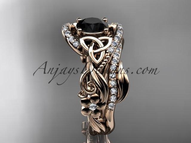14kt rose gold diamond celtic trinity knot wedding ring, engagement set with a Black Diamond center stone CT7211S - AnjaysDesigns