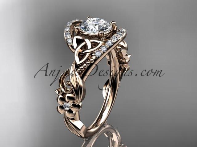 14kt rose gold diamond celtic trinity knot wedding ring, engagement ring with a "Forever One" Moissanite center stone CT7211 - AnjaysDesigns