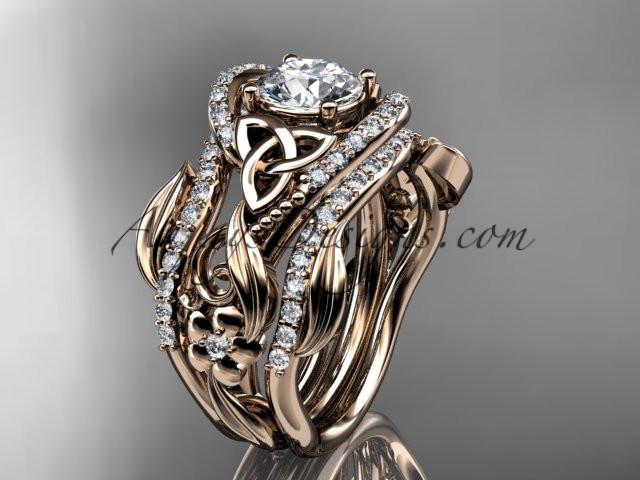 14kt rose gold diamond celtic trinity knot wedding ring, engagement ring with a "Forever One" Moissanite center stone  and double matching band CT7211S - AnjaysDesigns