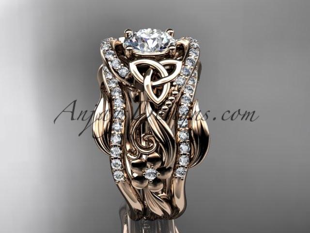 14kt rose gold diamond celtic trinity knot wedding ring, engagement ring with a "Forever One" Moissanite center stone  and double matching band CT7211S - AnjaysDesigns
