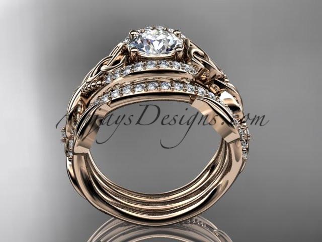 14kt rose gold diamond celtic trinity knot wedding ring, engagement ring with a "Forever One" Moissanite center stone  and double matching band CT7211S - AnjaysDesigns