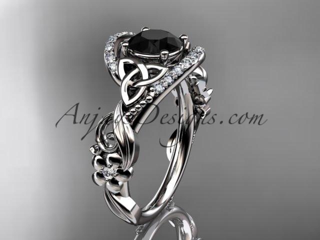 platinum diamond celtic trinity knot wedding ring, engagement ring with a Black Diamond center stone CT7211 - AnjaysDesigns