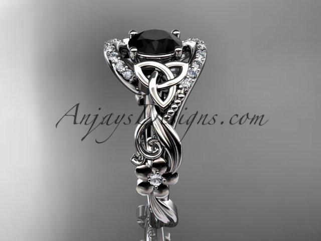platinum diamond celtic trinity knot wedding ring, engagement ring with a Black Diamond center stone CT7211 - AnjaysDesigns