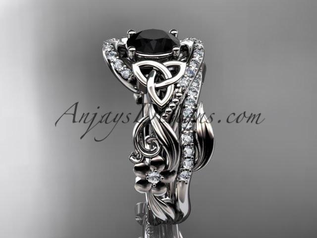 platinum diamond celtic trinity knot wedding ring, engagement set with a Black Diamond center stone CT7211S - AnjaysDesigns