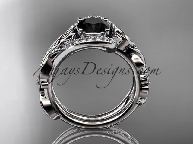 platinum diamond celtic trinity knot wedding ring, engagement set with a Black Diamond center stone CT7211S - AnjaysDesigns