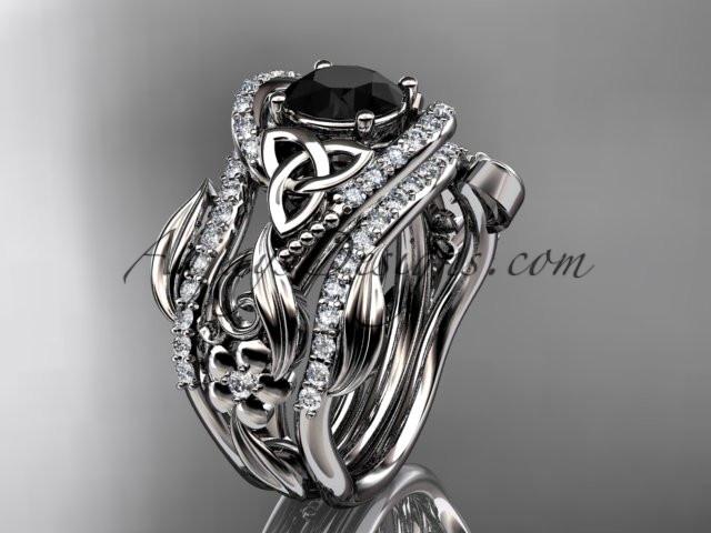 platinum diamond celtic trinity knot wedding ring, engagement ring with a Black Diamond center stone  and double matching band CT7211S - AnjaysDesigns