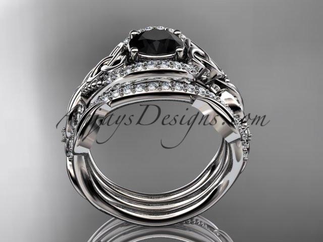 platinum diamond celtic trinity knot wedding ring, engagement ring with a Black Diamond center stone  and double matching band CT7211S - AnjaysDesigns