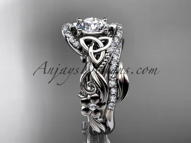 platinum diamond celtic trinity knot wedding ring, engagement set with a "Forever One" Moissanite center stone CT7211S - AnjaysDesigns