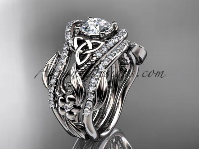 platinum diamond celtic trinity knot wedding ring, engagement ring with a "Forever One" Moissanite center stone  and double matching band CT7211S - AnjaysDesigns