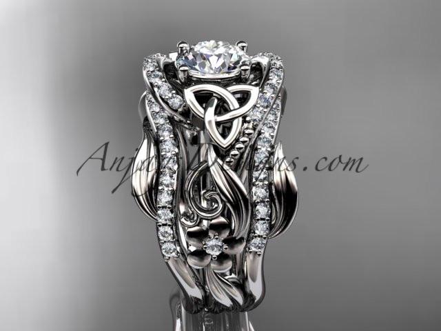 platinum diamond celtic trinity knot wedding ring, engagement ring with a "Forever One" Moissanite center stone  and double matching band CT7211S - AnjaysDesigns
