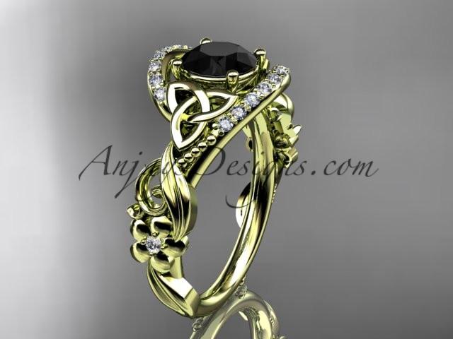 14kt yellow gold diamond celtic trinity knot wedding ring, engagement ring with a Black Diamond center stone CT7211 - AnjaysDesigns