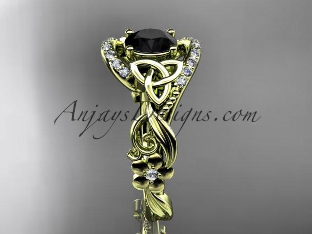 14kt yellow gold diamond celtic trinity knot wedding ring, engagement ring with a Black Diamond center stone CT7211 - AnjaysDesigns