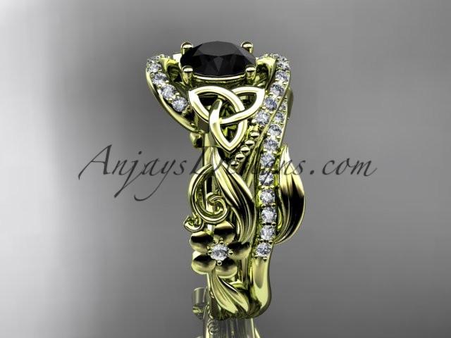 14kt yellow gold diamond celtic trinity knot wedding ring, engagement set with a Black Diamond center stone CT7211S - AnjaysDesigns