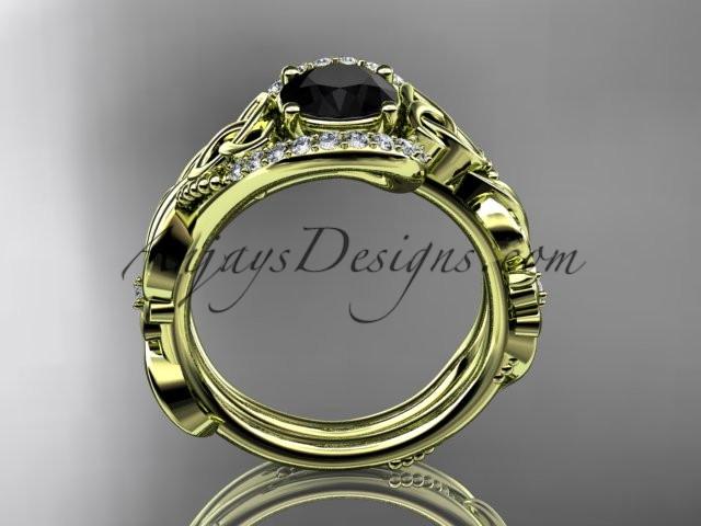 14kt yellow gold diamond celtic trinity knot wedding ring, engagement set with a Black Diamond center stone CT7211S - AnjaysDesigns