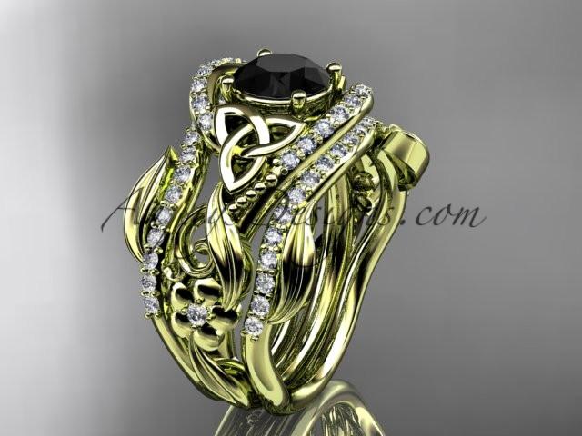 14kt yellow gold diamond celtic trinity knot wedding ring, engagement ring with a Black Diamond center stone  and double matching band CT7211S - AnjaysDesigns
