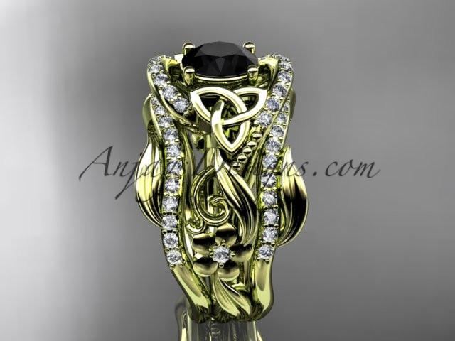 14kt yellow gold diamond celtic trinity knot wedding ring, engagement ring with a Black Diamond center stone  and double matching band CT7211S - AnjaysDesigns