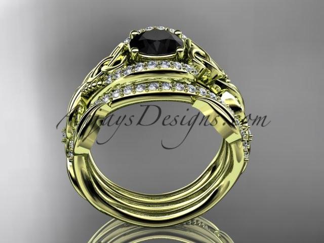 14kt yellow gold diamond celtic trinity knot wedding ring, engagement ring with a Black Diamond center stone  and double matching band CT7211S - AnjaysDesigns