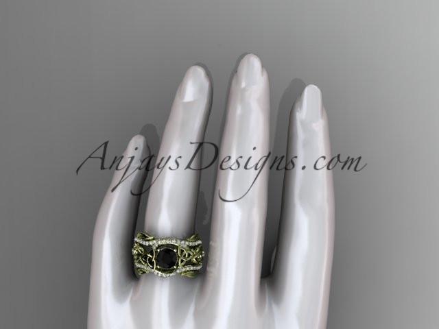 14kt yellow gold diamond celtic trinity knot wedding ring, engagement ring with a Black Diamond center stone  and double matching band CT7211S - AnjaysDesigns