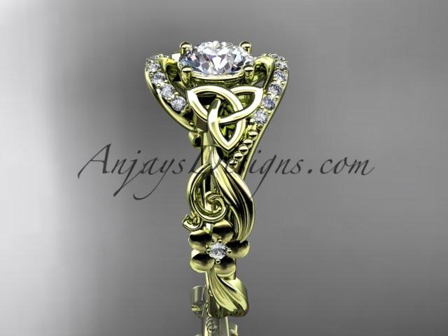 14kt yellow gold diamond celtic trinity knot wedding ring, engagement ring with a "Forever One" Moissanite center stone CT7211 - AnjaysDesigns