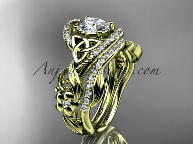 14kt yellow gold diamond celtic trinity knot wedding ring, engagement set with a "Forever One" Moissanite center stone CT7211S - AnjaysDesigns