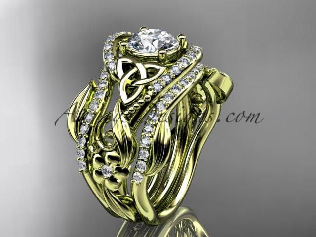 14kt yellow gold diamond celtic trinity knot wedding ring, engagement ring with a "Forever One" Moissanite center stone  and double matching band CT7211S - AnjaysDesigns