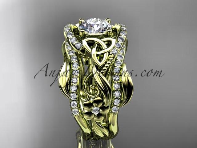14kt yellow gold diamond celtic trinity knot wedding ring, engagement ring with a  double matching band CT7211S - AnjaysDesigns