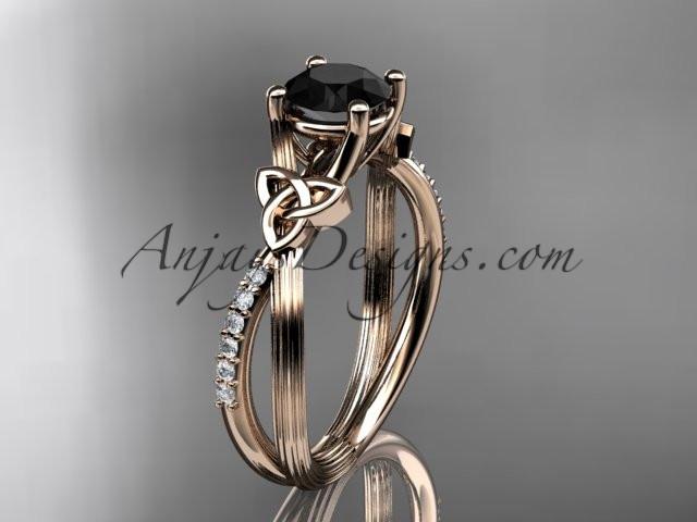 14kt rose gold diamond celtic trinity knot wedding ring, engagement ring with a Black Diamond center stone CT7214 - AnjaysDesigns