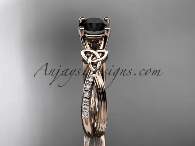 14kt rose gold diamond celtic trinity knot wedding ring, engagement ring with a Black Diamond center stone CT7214 - AnjaysDesigns