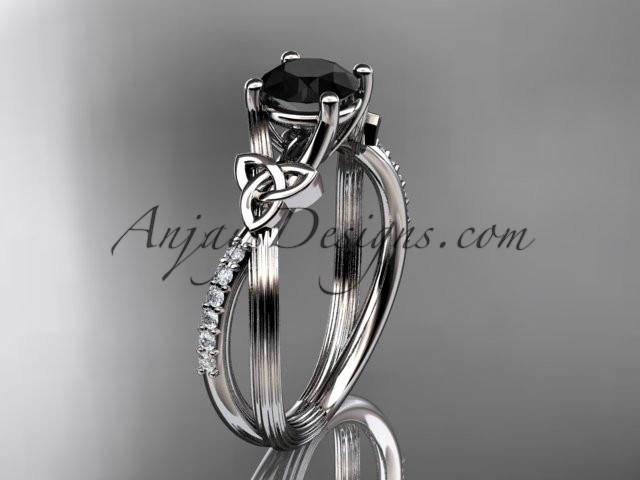 platinum diamond celtic trinity knot wedding ring, engagement ring with a Black Diamond center stone CT7214 - AnjaysDesigns