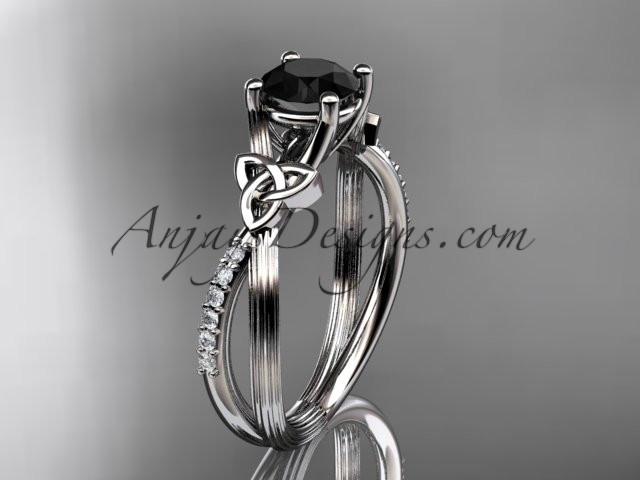 14kt white gold diamond celtic trinity knot wedding ring, engagement ring with a Black Diamond center stone CT7214 - AnjaysDesigns