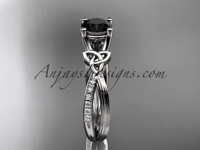 14kt white gold diamond celtic trinity knot wedding ring, engagement ring with a Black Diamond center stone CT7214 - AnjaysDesigns