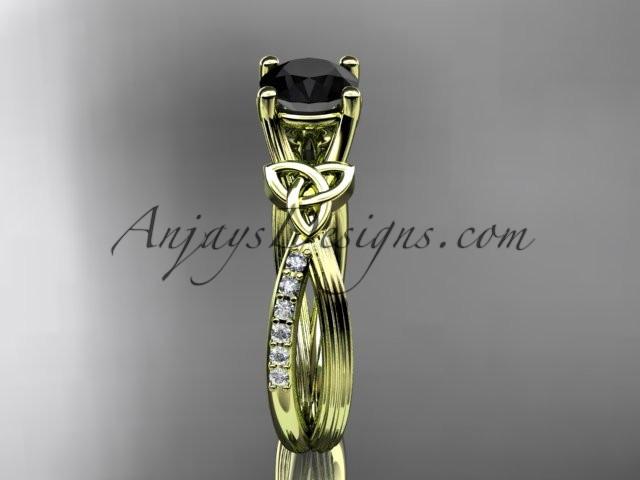 14kt yellow gold diamond celtic trinity knot wedding ring, engagement ring with a Black Diamond center stone CT7214 - AnjaysDesigns