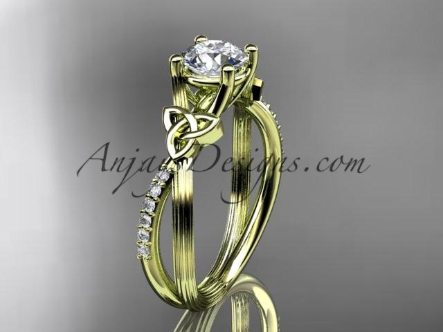 14kt yellow gold diamond celtic trinity knot wedding ring, engagement ring with a "Forever One" Moissanite center stone CT7214 - AnjaysDesigns