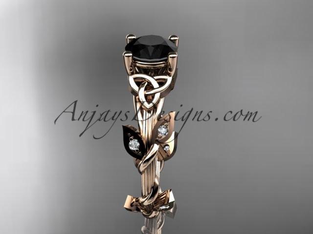 14kt rose gold diamond celtic trinity knot wedding ring, engagement ring with a Black Diamond center stone CT7215 - AnjaysDesigns