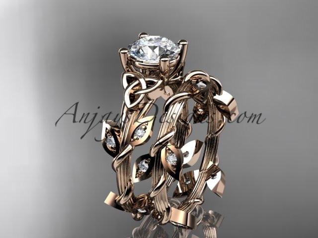 14kt rose gold diamond celtic trinity knot wedding ring, engagement ring with a "Forever One" Moissanite center stone CT7215S - AnjaysDesigns