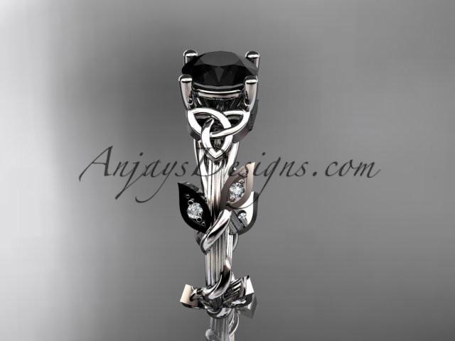 14kt white gold diamond celtic trinity knot wedding ring, engagement ring with a Black Diamond center stone CT7215 - AnjaysDesigns
