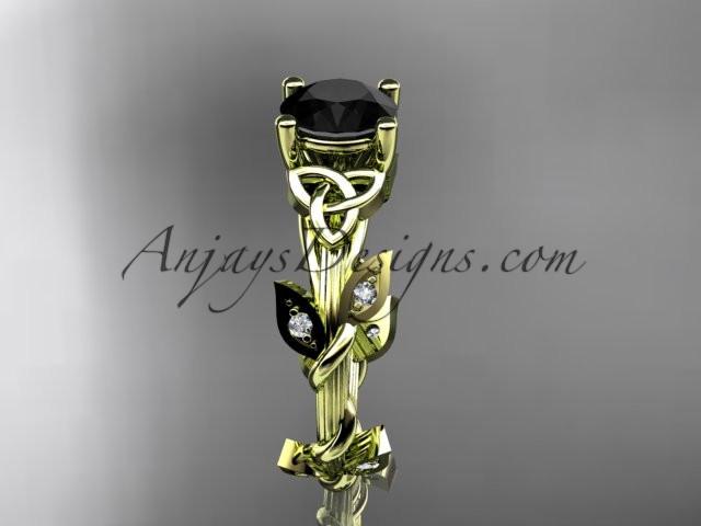 14kt yellow gold diamond celtic trinity knot wedding ring, engagement ring with a Black Diamond center stone CT7215 - AnjaysDesigns