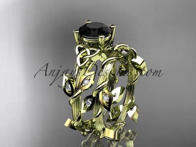 14kt yellow gold diamond celtic trinity knot wedding ring, engagement ring with a Black Diamond center stone CT7215S - AnjaysDesigns