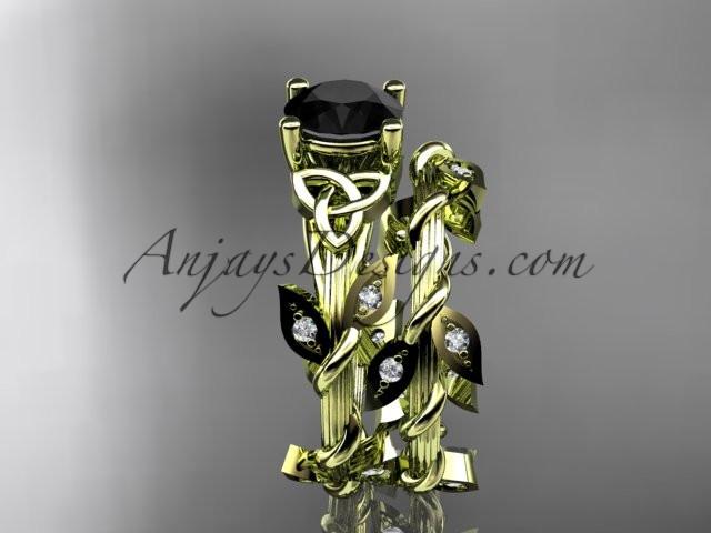 14kt yellow gold diamond celtic trinity knot wedding ring, engagement ring with a Black Diamond center stone CT7215S - AnjaysDesigns