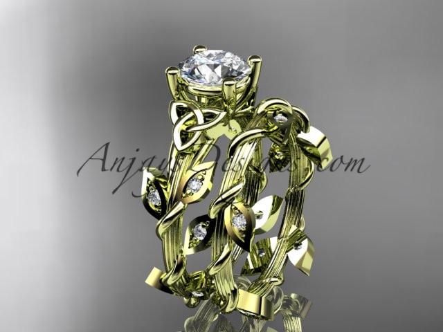14kt yellow gold diamond celtic trinity knot wedding ring, engagement ring with a "Forever One" Moissanite center stone CT7215S - AnjaysDesigns