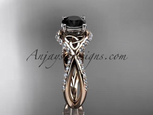 14kt rose gold diamond celtic trinity knot wedding ring, engagement ring with a Black Diamond center stone CT7218 - AnjaysDesigns