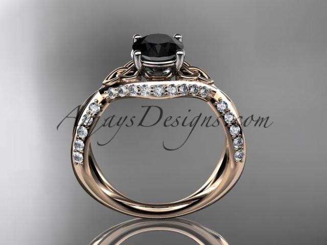 14kt rose gold diamond celtic trinity knot wedding ring, engagement ring with a Black Diamond center stone CT7218 - AnjaysDesigns
