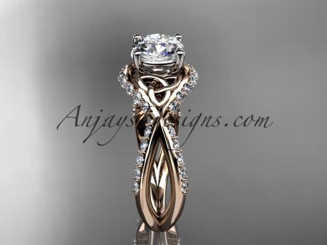 14kt rose gold diamond celtic trinity knot wedding ring, engagement ring with a "Forever One" Moissanite center stone CT7218 - AnjaysDesigns